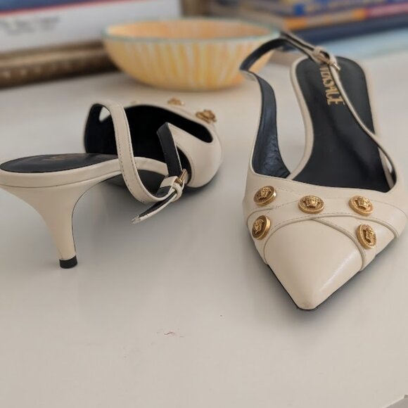 Versace Vitello Sling Back Heels Ecru - Picture 2 of 4